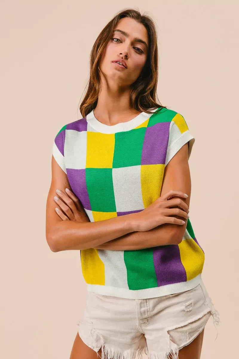 Mardi Gras Checker Pattern Sleeveless Sweater Top