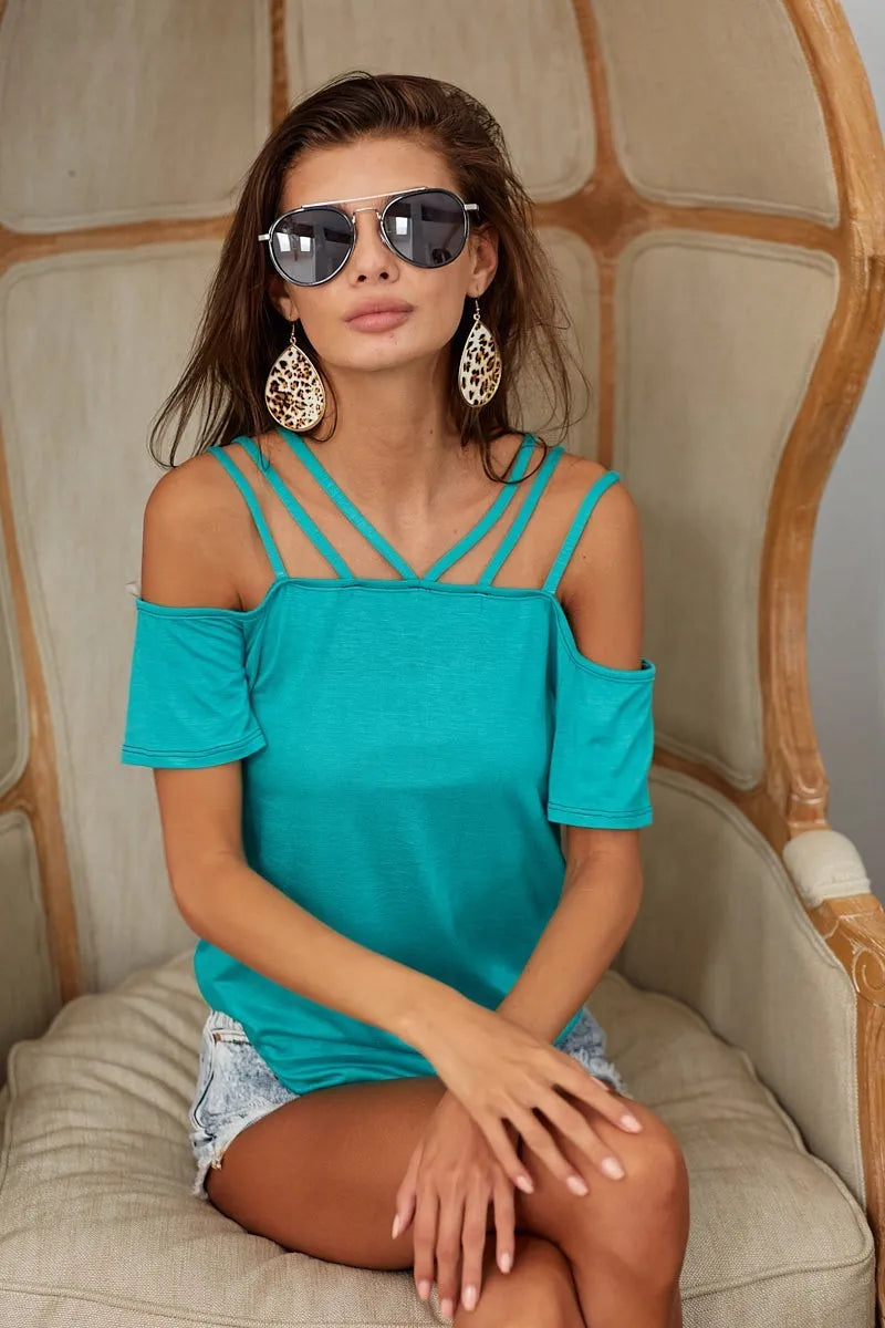 Rayon Span Jersey Lace Up Shoulder Detailed Top