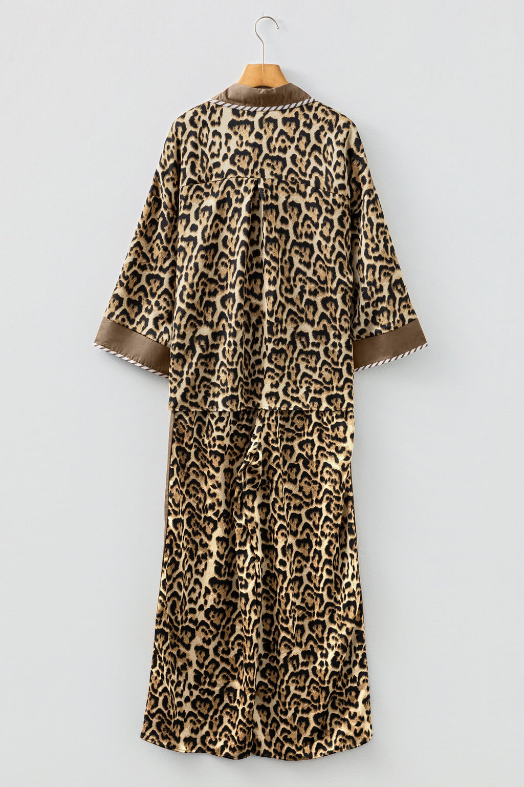 Brown Leopard Collared 3/4 Sleeve Shirt and Loose Pants Two Piece Outfit Set
