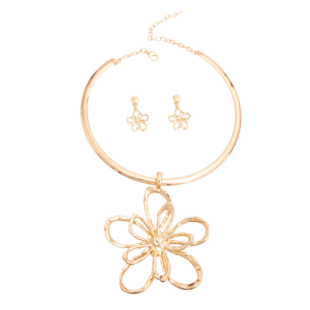 Statement Gold Metal Flower Necklace Rigid Design