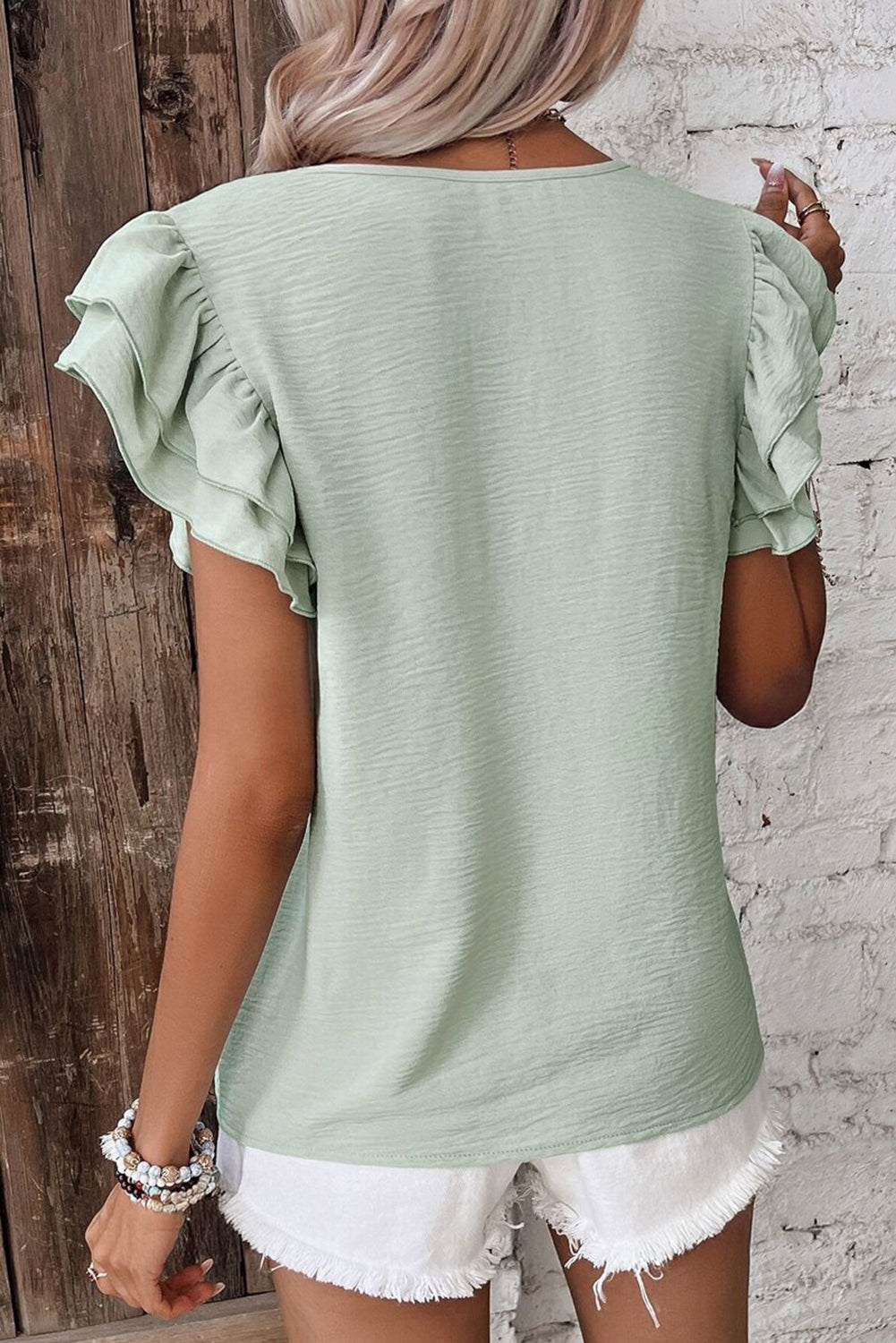Mist Blue Solid Color Ruffle Sleeve Crinkled Blouse