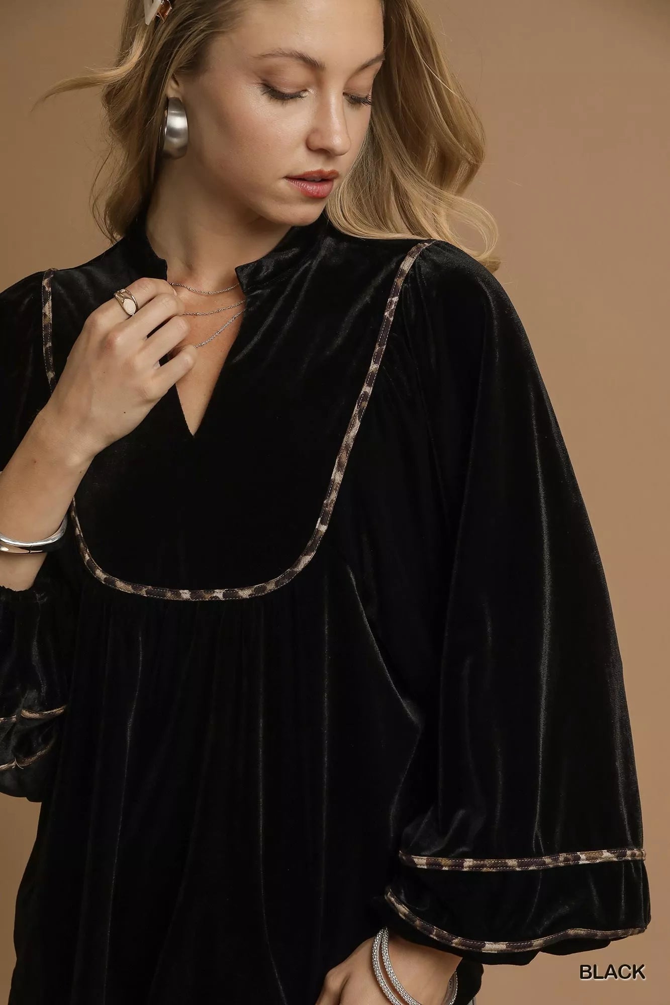 Velvet Long Sleeve Blouse with Contrast Trim