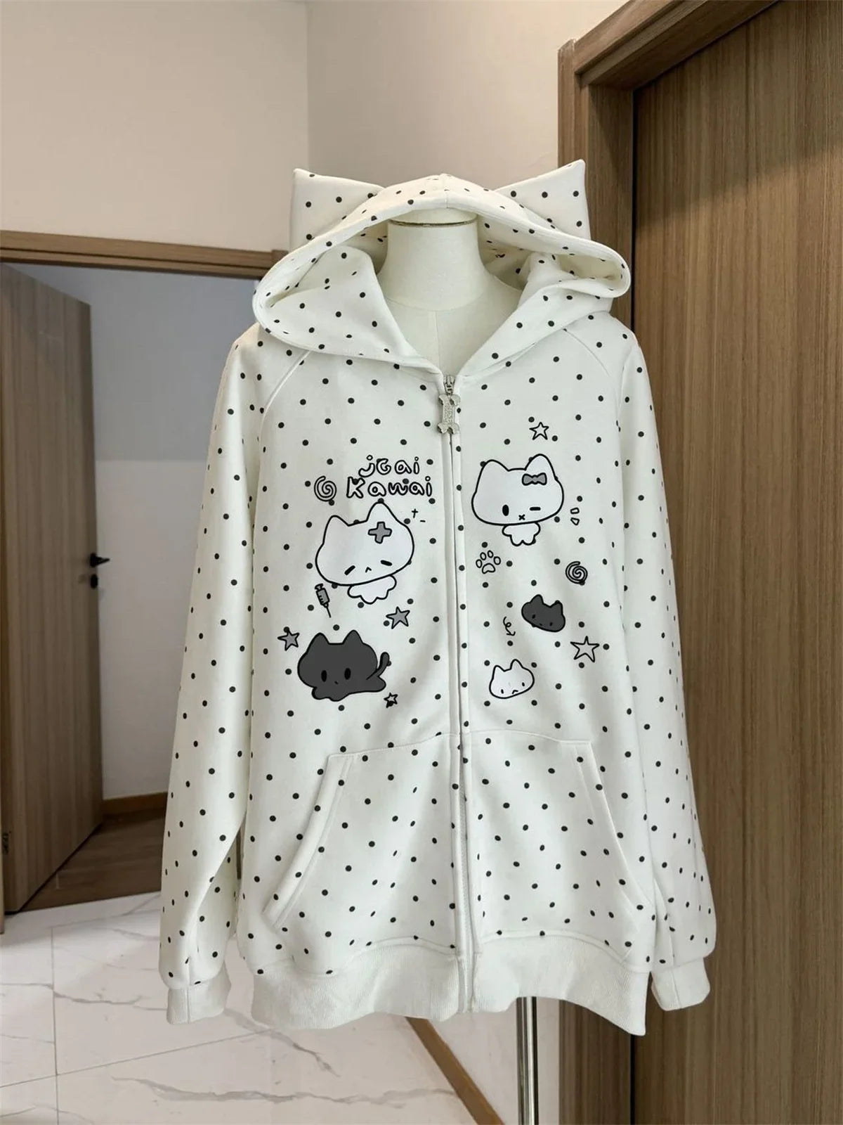 Japanese Y2k Hoodies Jackets Women Clothes Polka Dot Cat Print Sweatshirts 2025 Ropa Mujer Casual Chic Hooded Cute Hoodie Tops