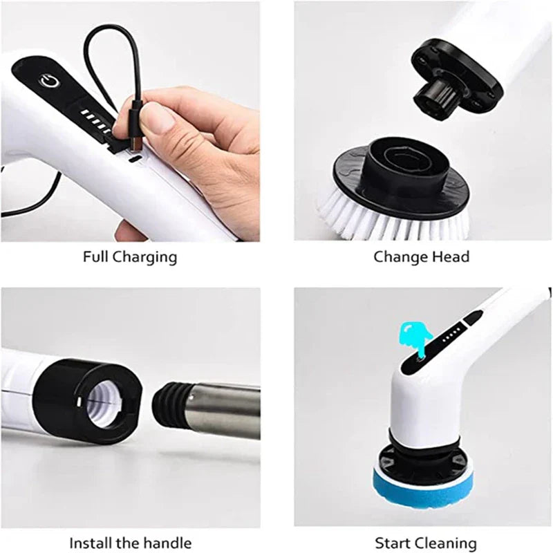 DecorBites™ Electric Spin Scrubber with 7 Brush Heads - Adjustable Handle for Kitchen Bathroom Clean
