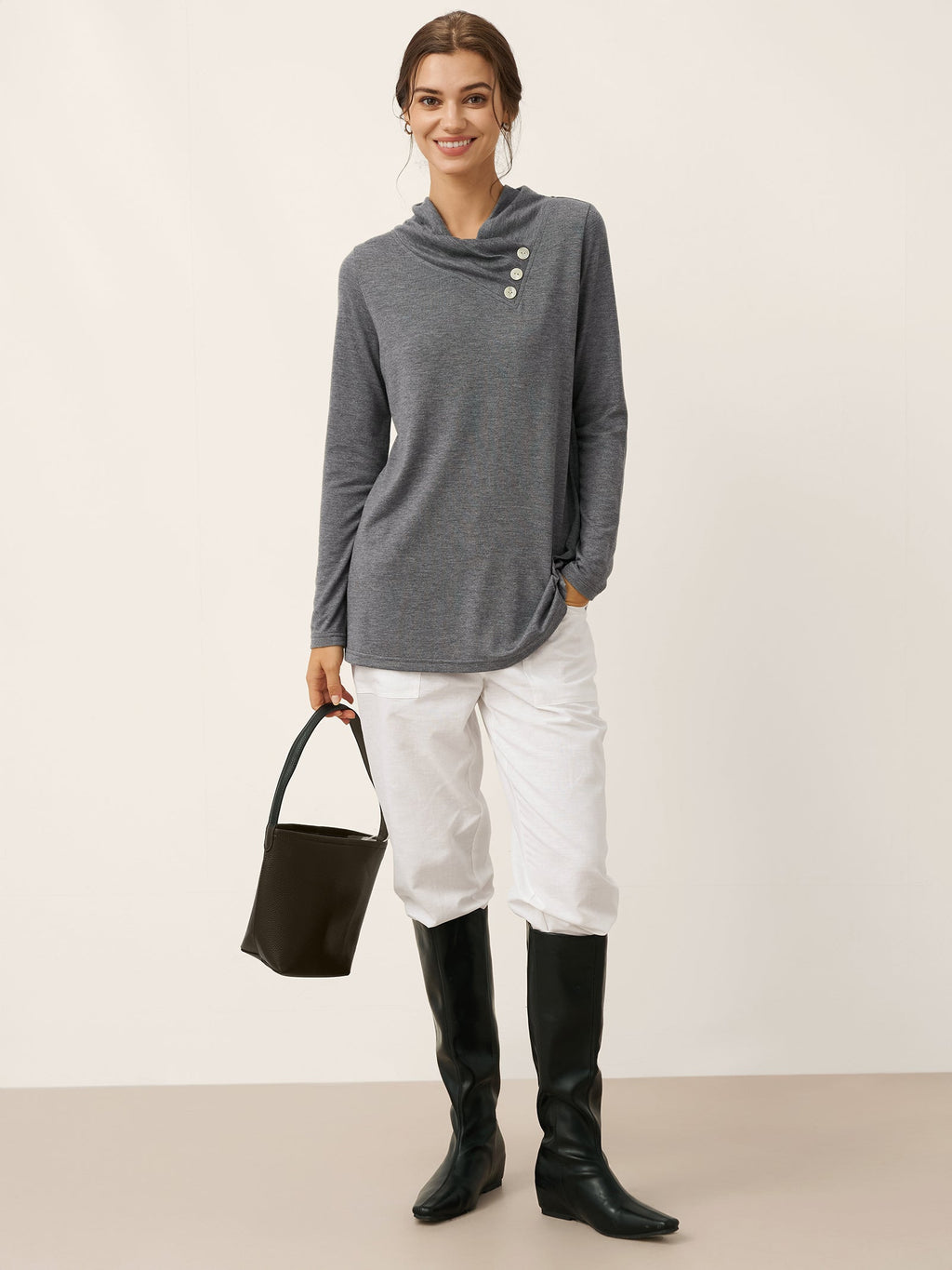 Cashmere Asymmetric Cowl Neck Stretch Top TATIANA