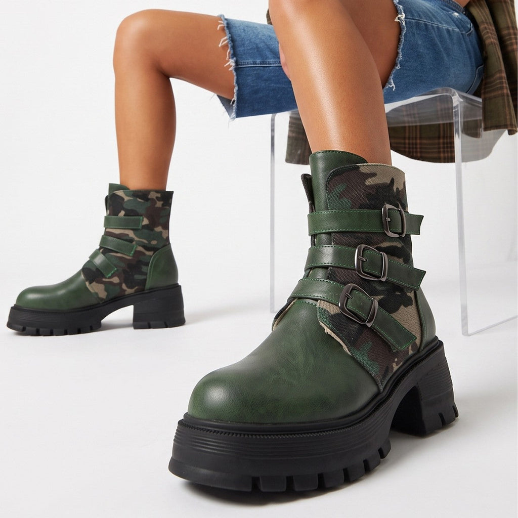 Women's Camouflage Platform Combat Boots | Triple Buckle Chunky Heel