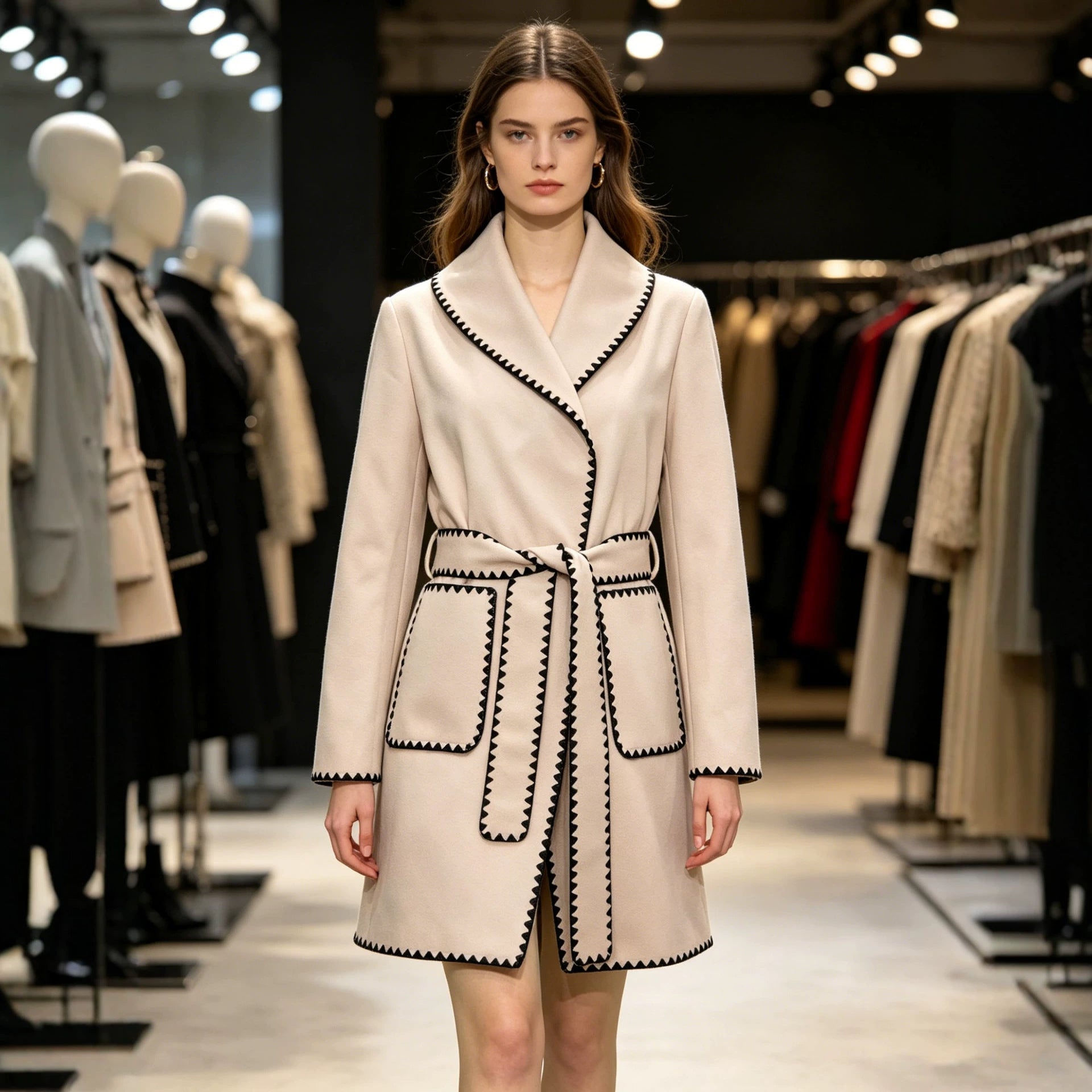 French Elegant Wool Coat | Notched Lapel Zigzag Trim & Belt | Apricot