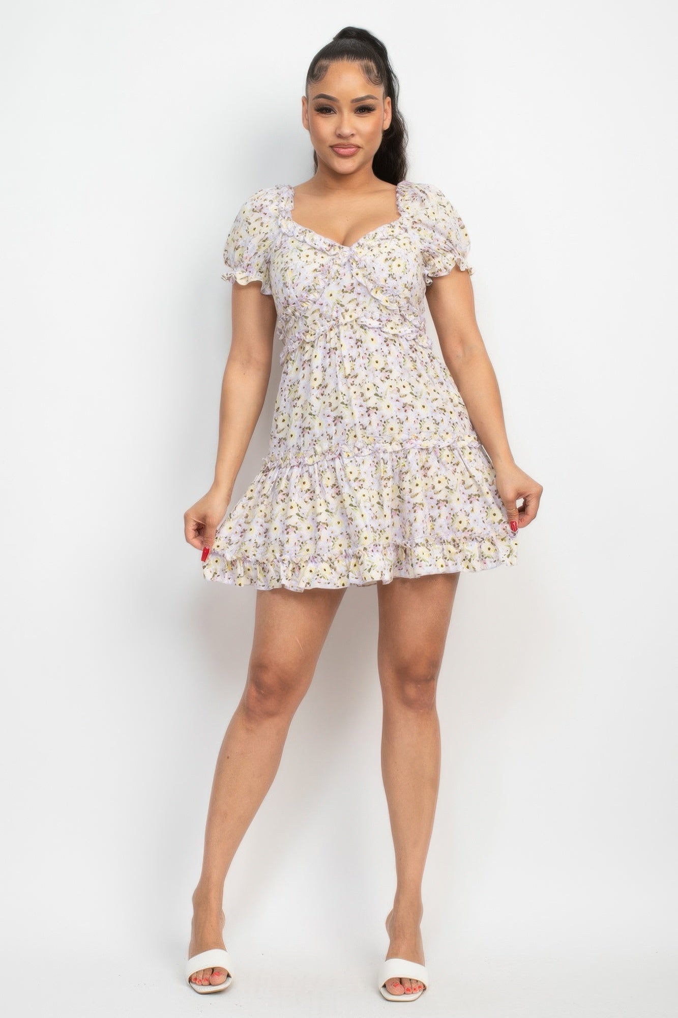 Ruffled Floral Puff Sleeve Dress