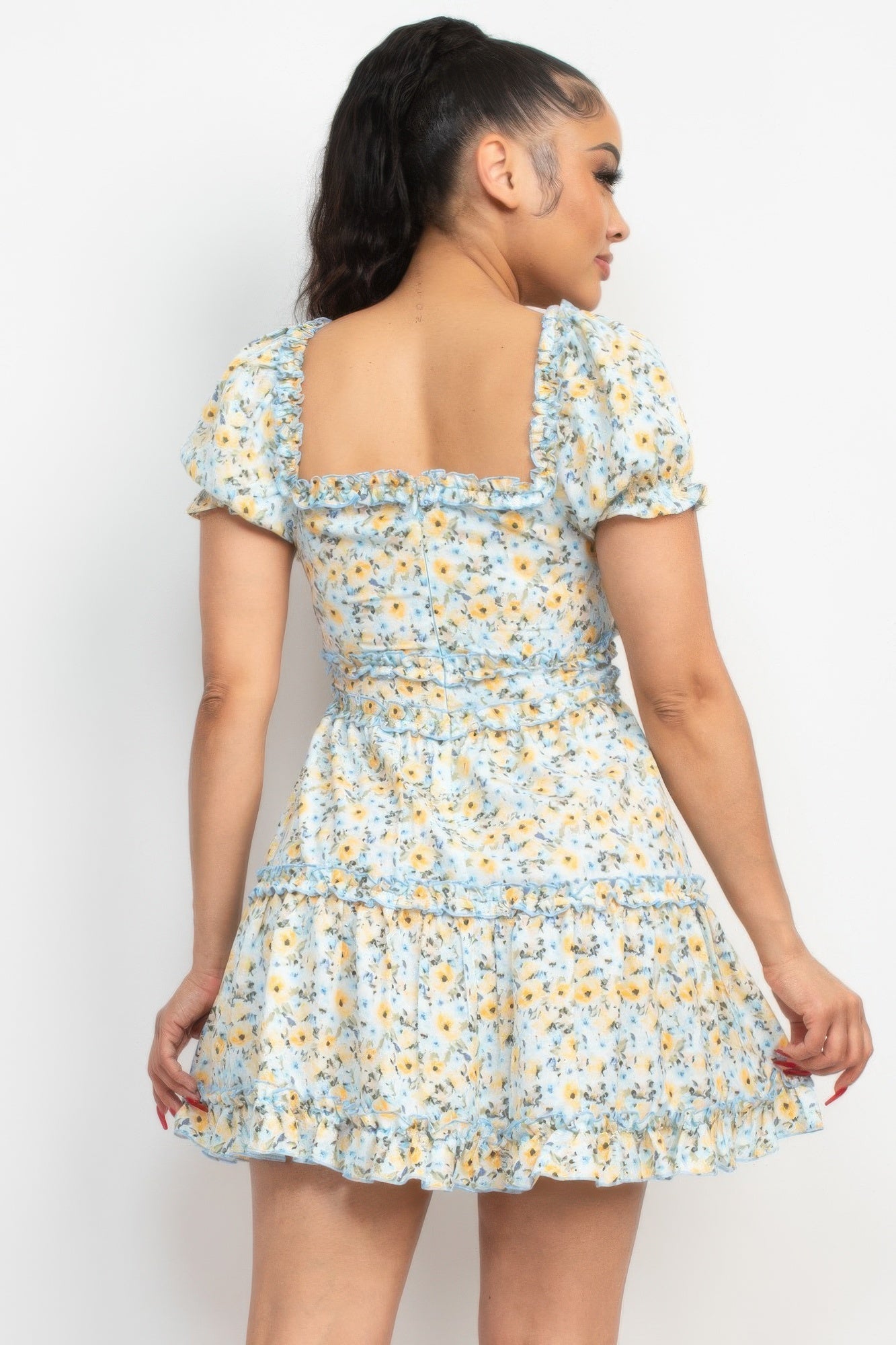 Ruffled Floral Puff Sleeve Dress