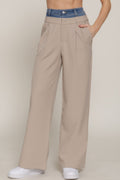 Contrast Denim Waist Straight Long Pants