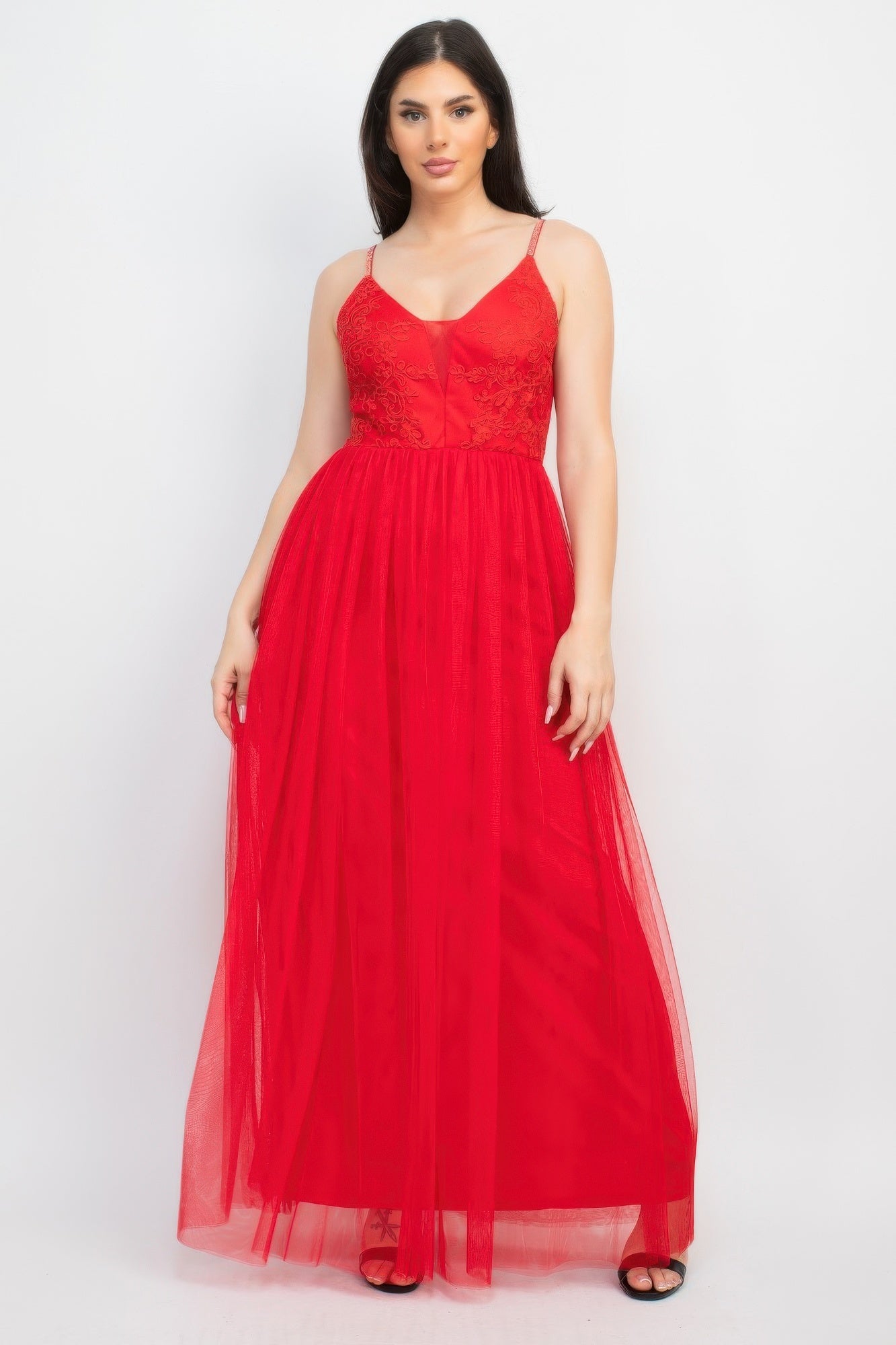 Glittered Straps Mesh Tulle Maxi Dress