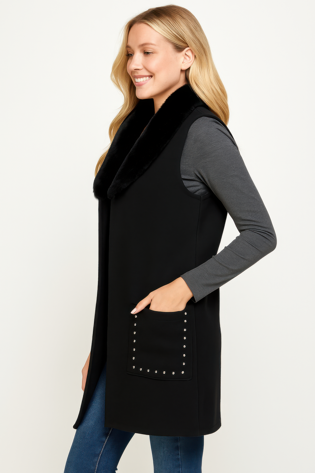 Sleeveless Wool-blend Vest With Faux Fur Collar
