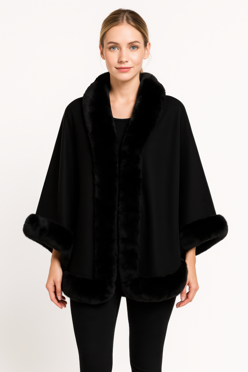 Faux Fur Trim Open-front Cape Jacket