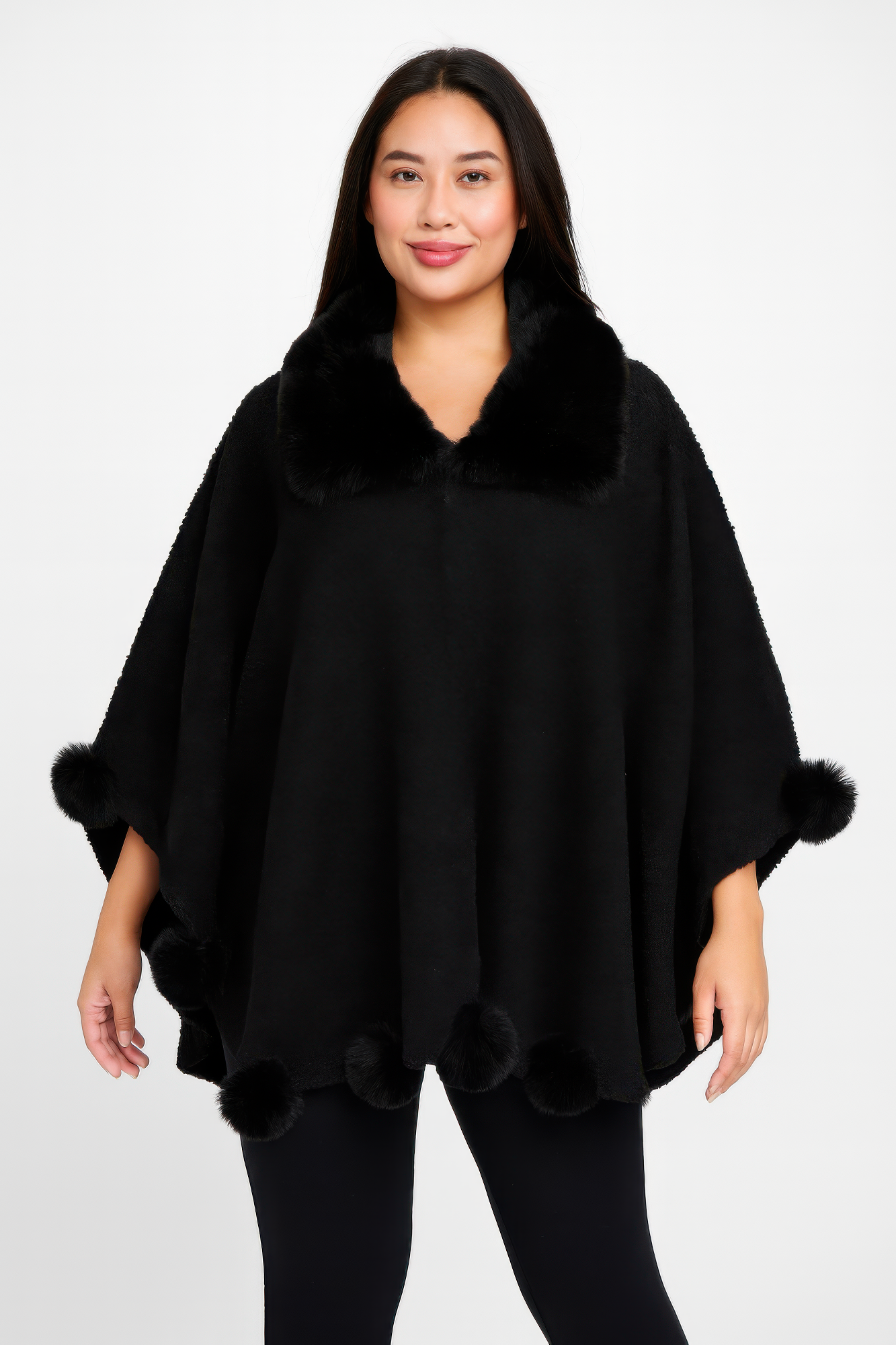 Trim Cape With Faux Fur Collar