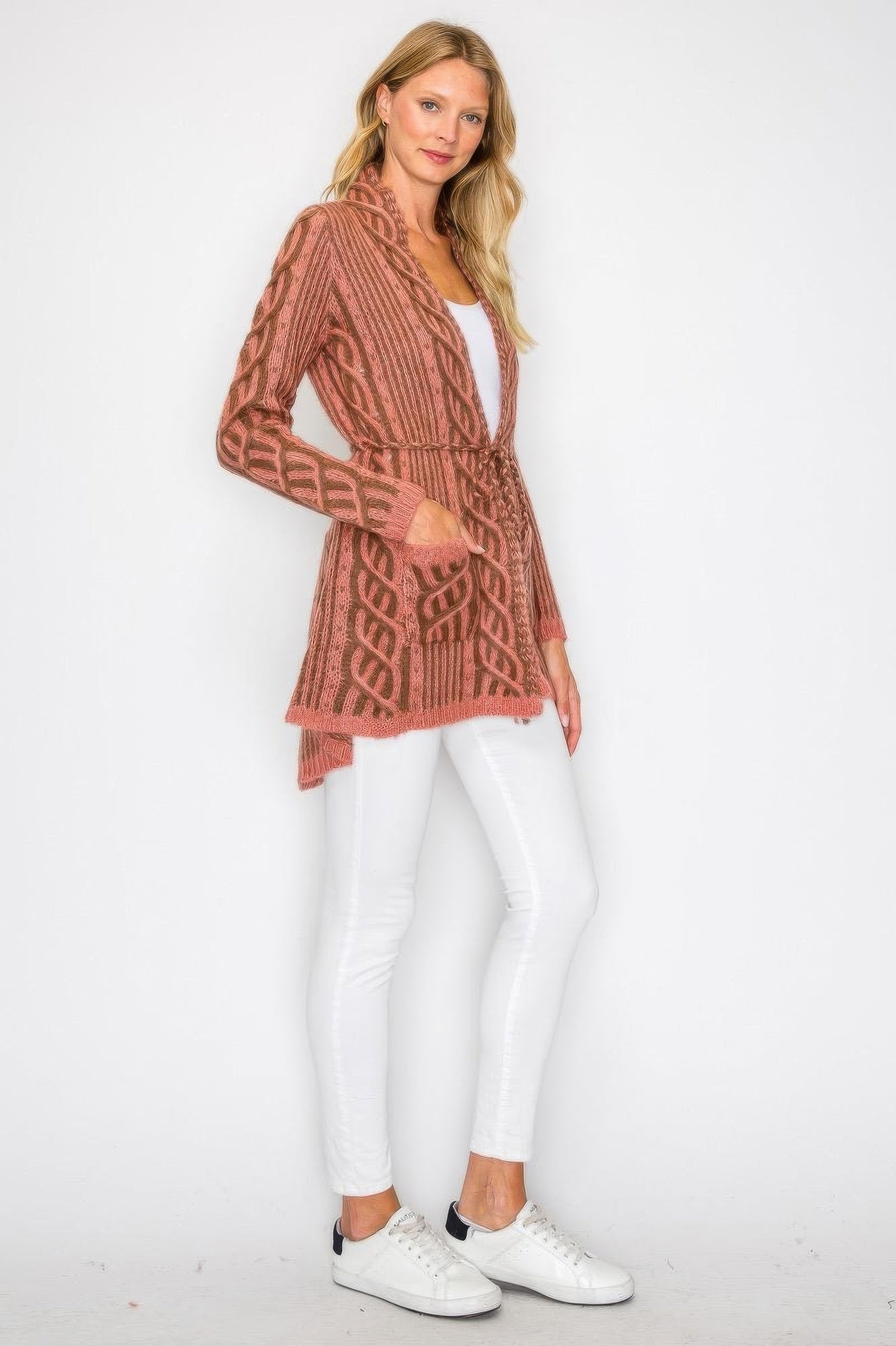 Open Wool Cardigan With Belt String & Front Pocket