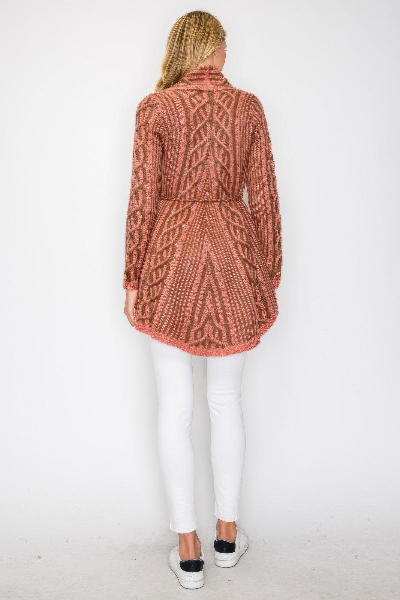 Open Wool Cardigan With Belt String & Front Pocket