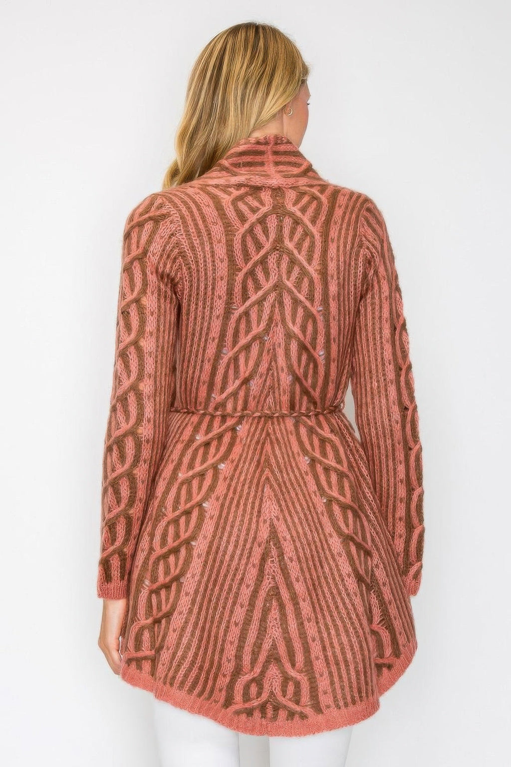 Open Wool Cardigan With Belt String & Front Pocket