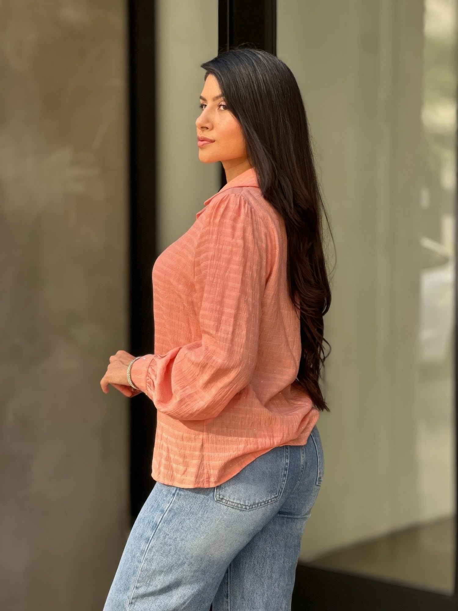 Collar Button Down Rhine Stone Detail Blouse