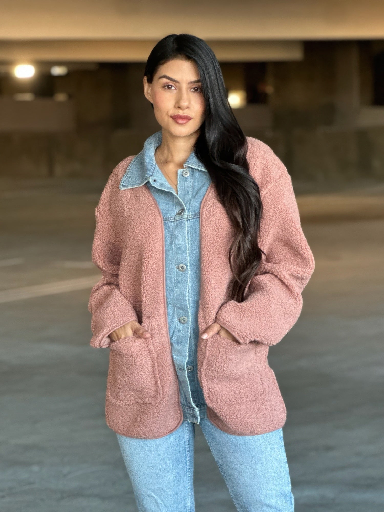 Teddy Fleece & Denim Jacket With Square Pockets