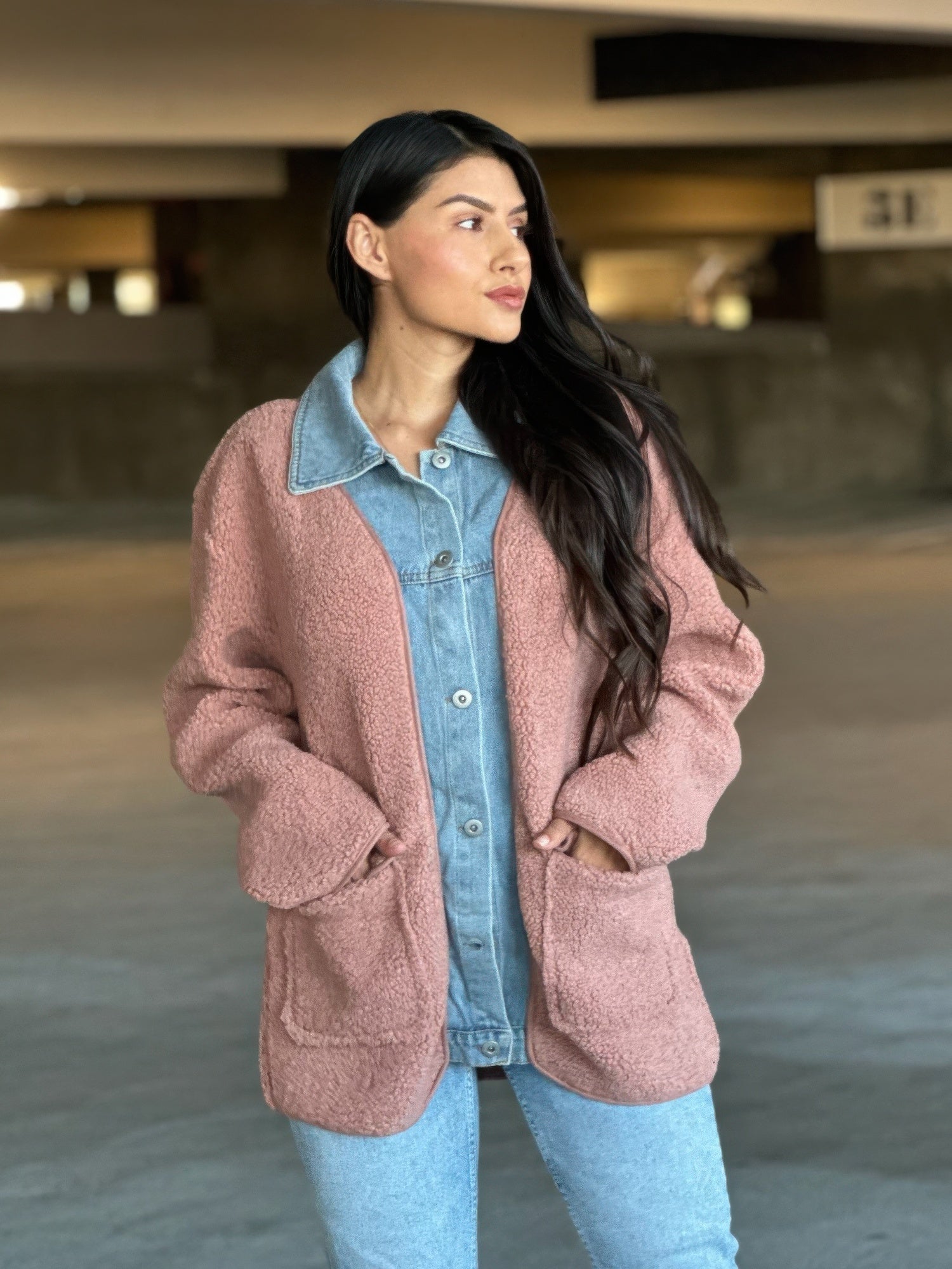 Teddy Fleece & Denim Jacket With Square Pockets