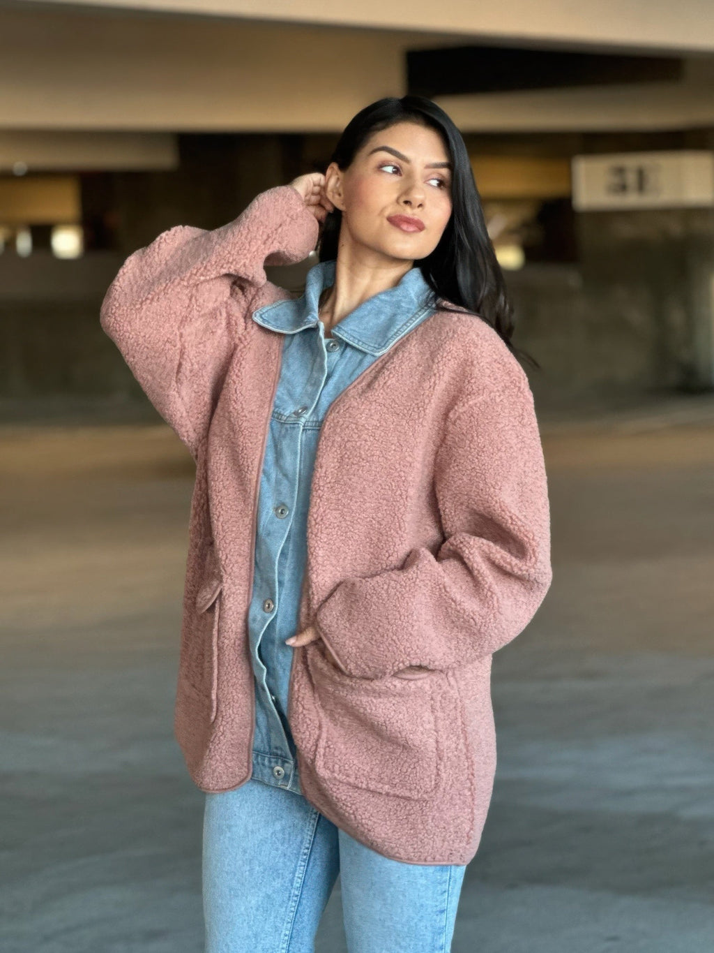Teddy Fleece & Denim Jacket With Square Pockets
