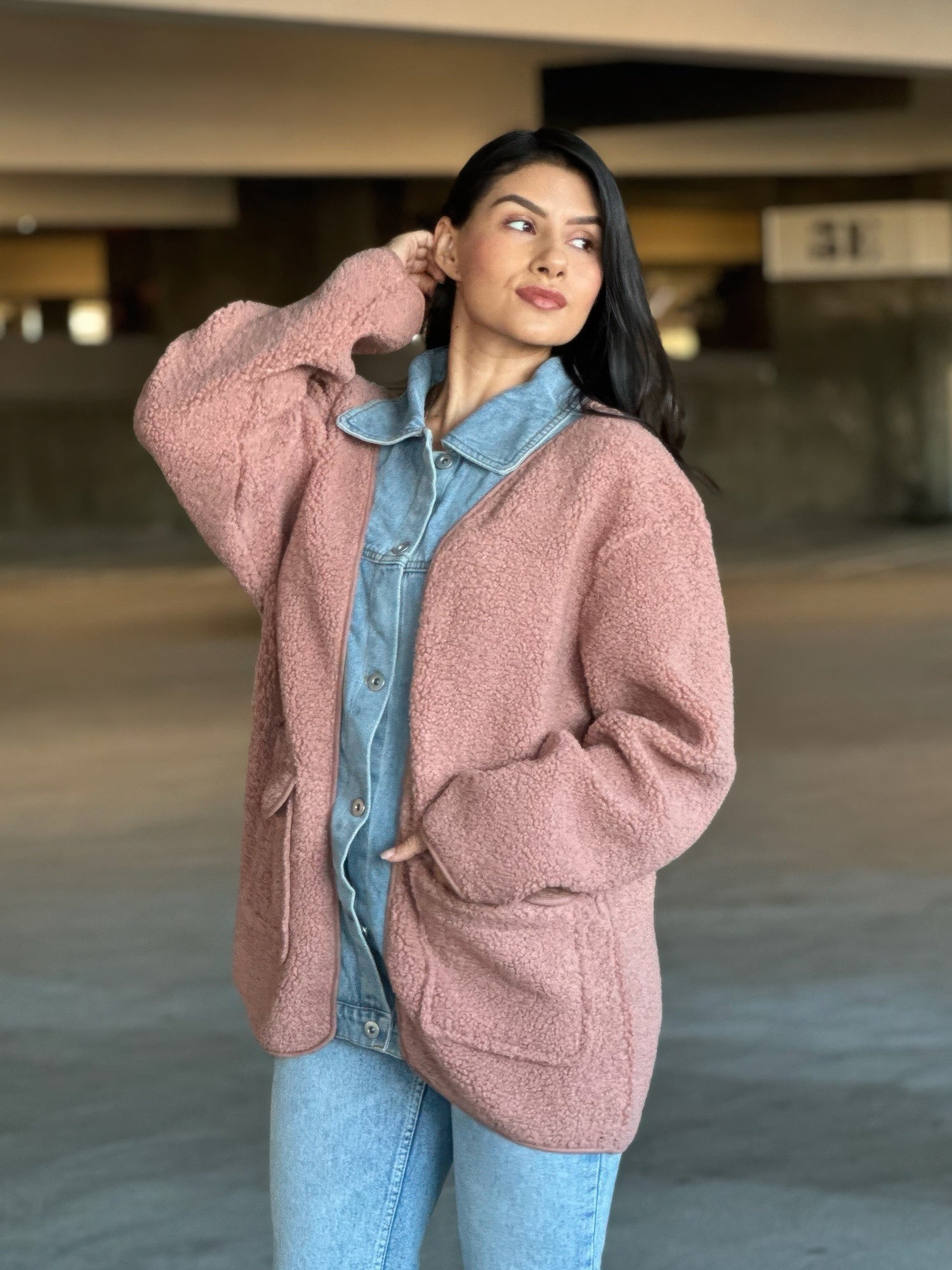 Teddy Fleece & Denim Jacket With Square Pockets