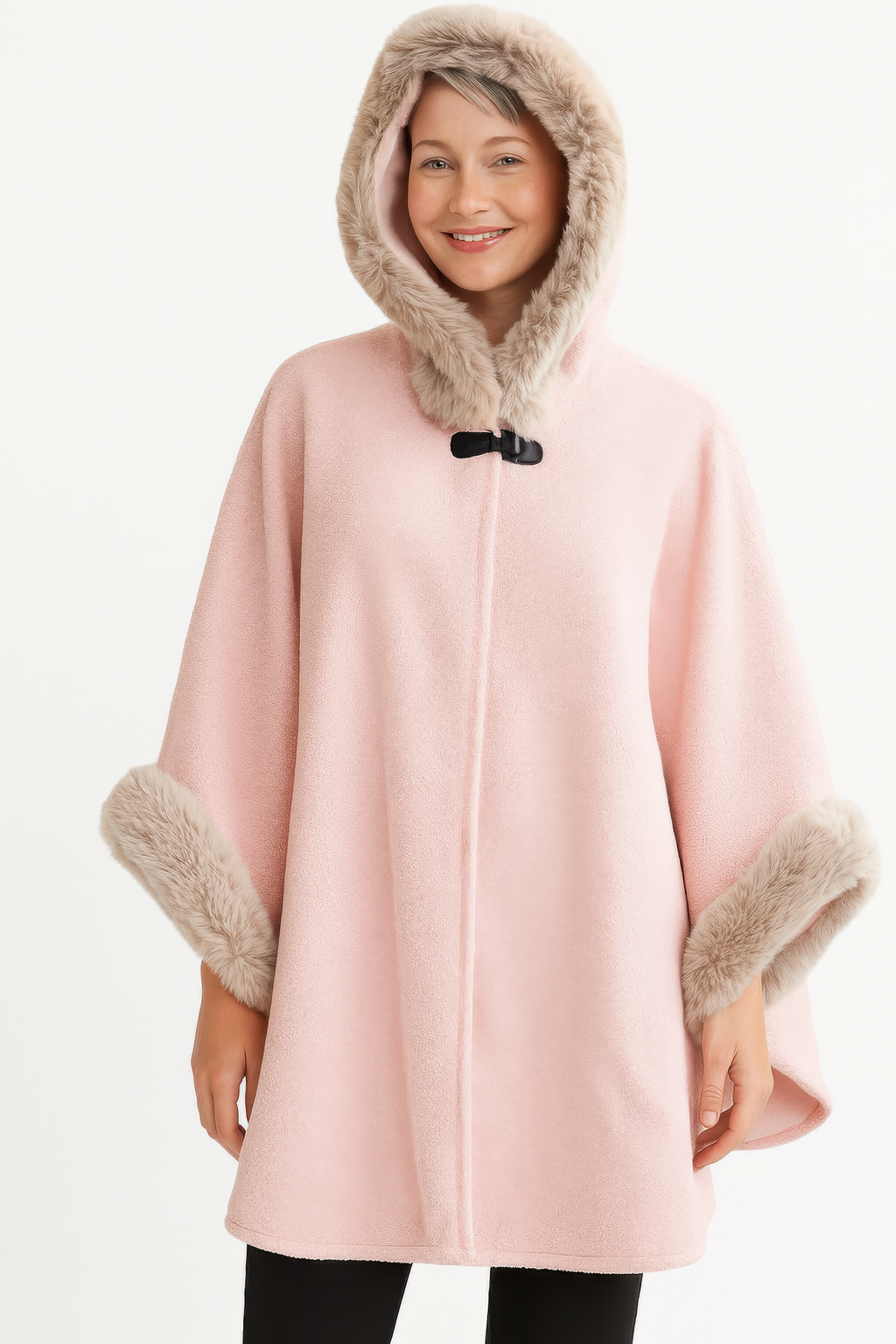 Hooded Faux Fur Trim Cape