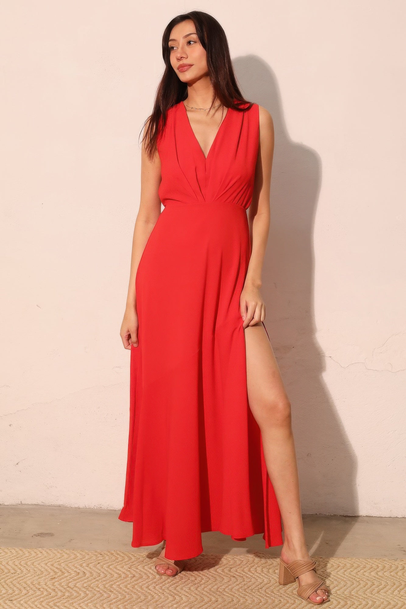 Textured Solid V-neck Maxi Dress