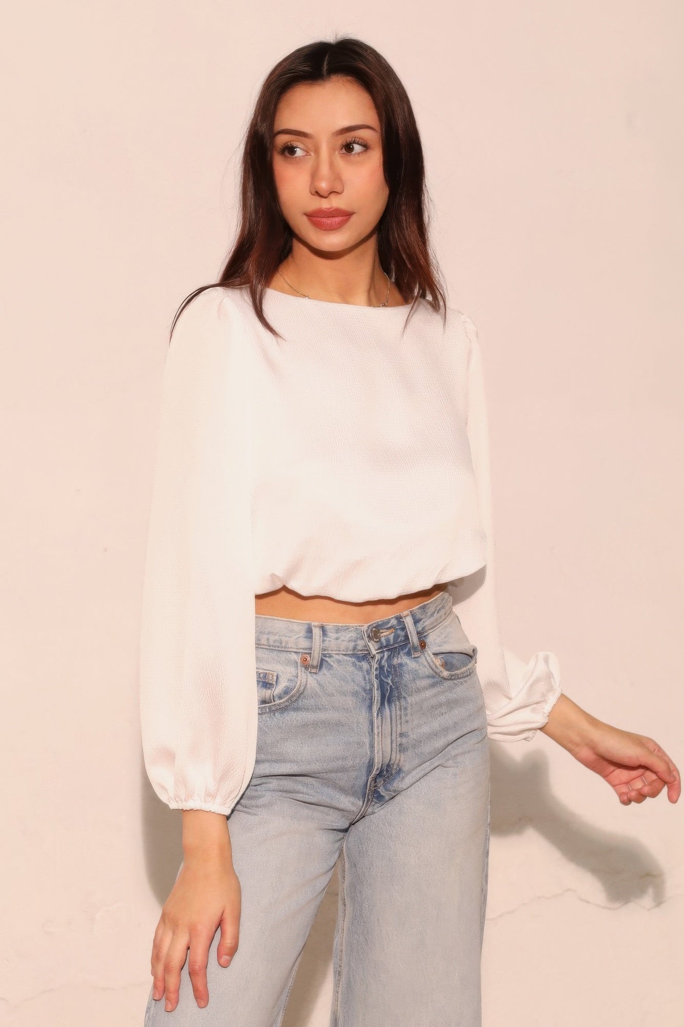 Hammered Satin Long Sleeve Crop Top
