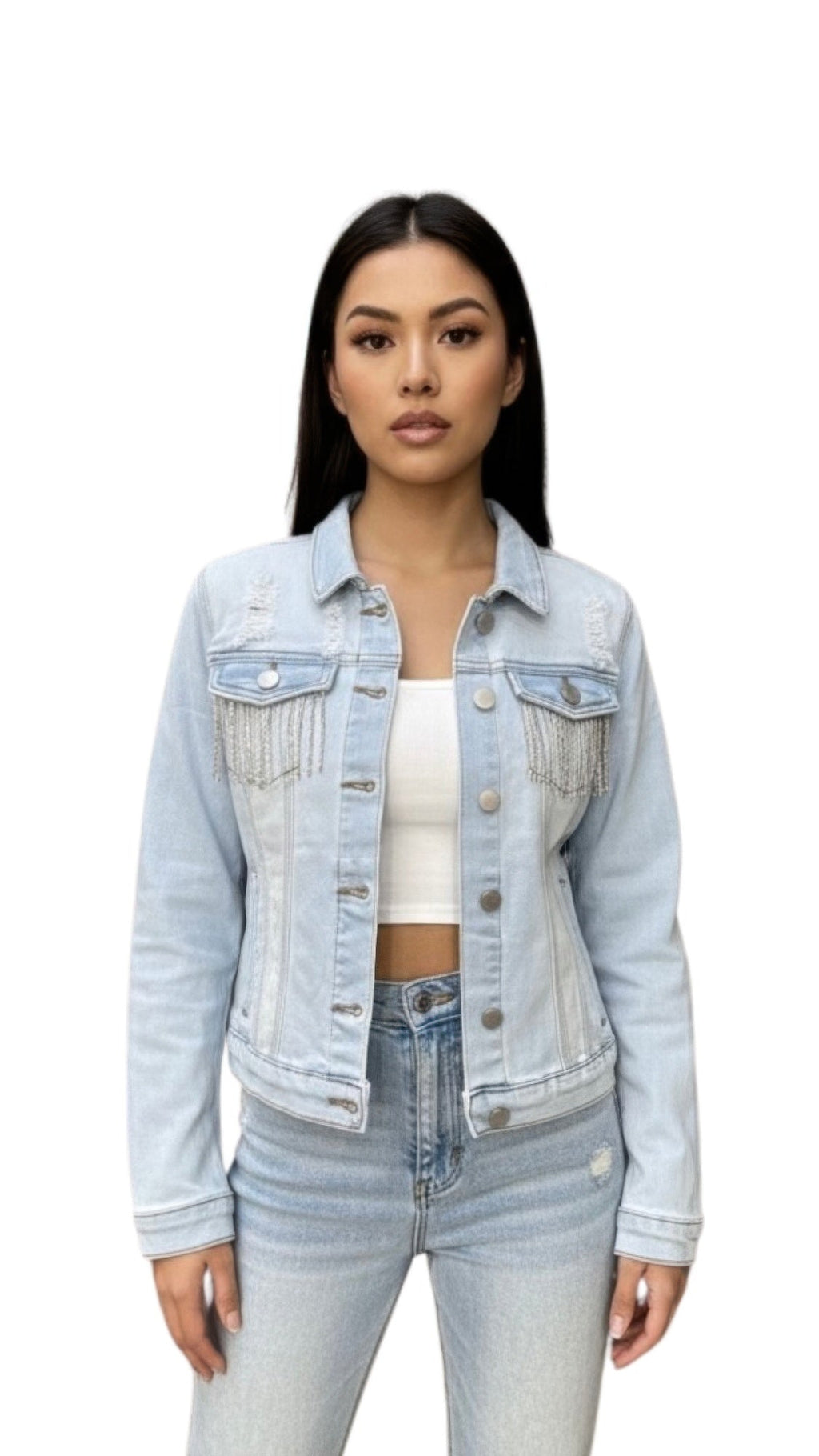 Distressed Jean Jacket With Rhinestone Fringe