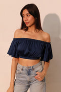 Washed Poly Silk Bubble Sleeve Crop Top