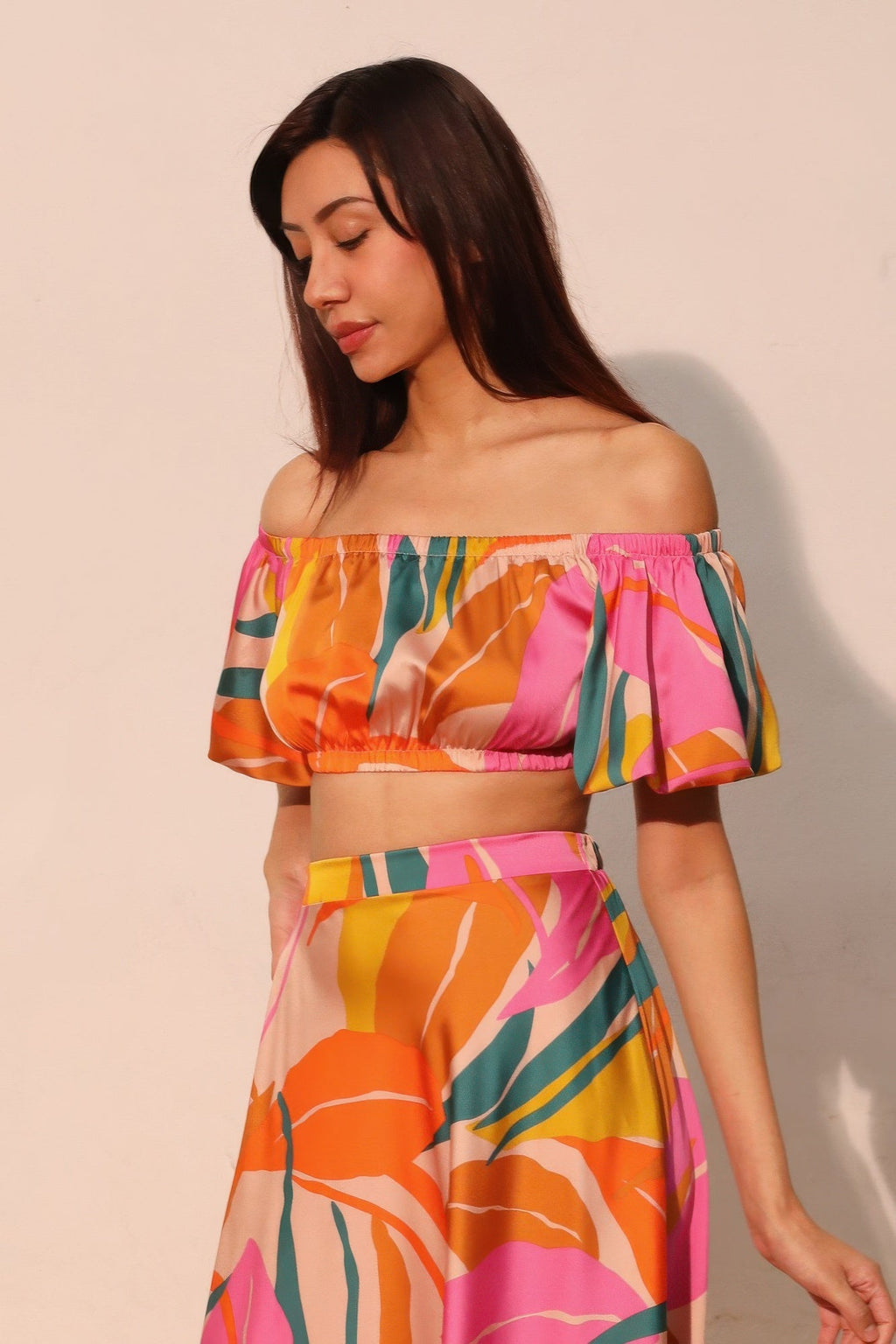 Isla Tropical Satin Bubble Sleeve Crop Top