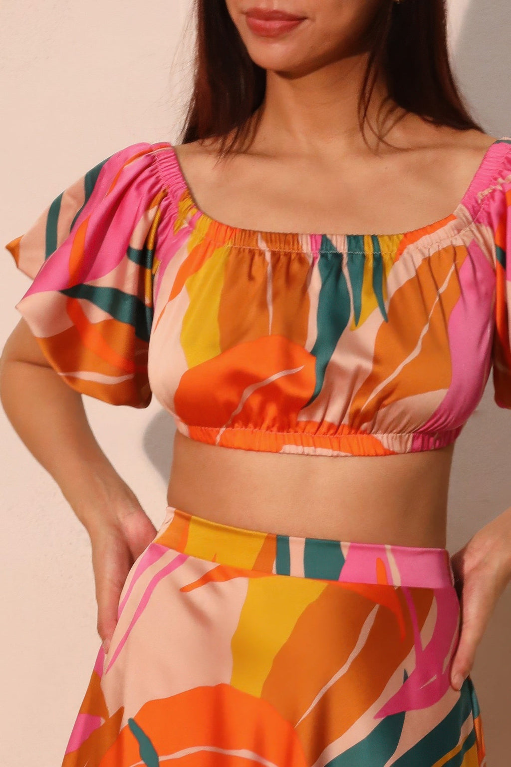 Isla Tropical Satin Bubble Sleeve Crop Top