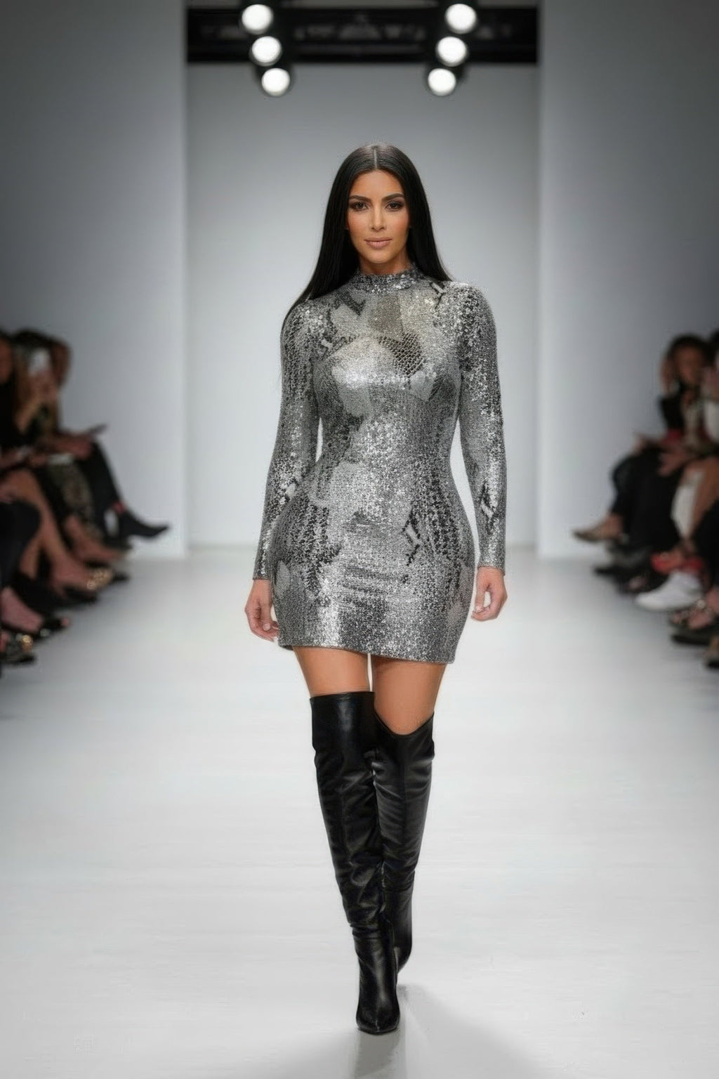 Long Sleeve Body Con Pu Silver Snake Mini