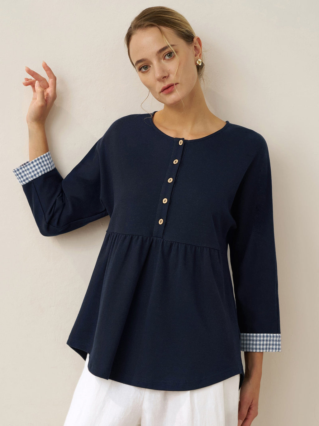 Organic Cotton Patchwork Cuff Button Decor Top AUDREY