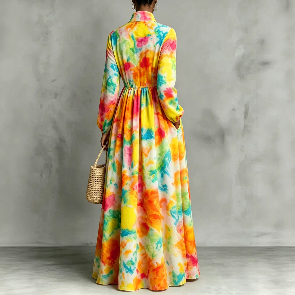 Floral Print Maxi Shirt Dress | Pleated Bib Button-Down Long Dress