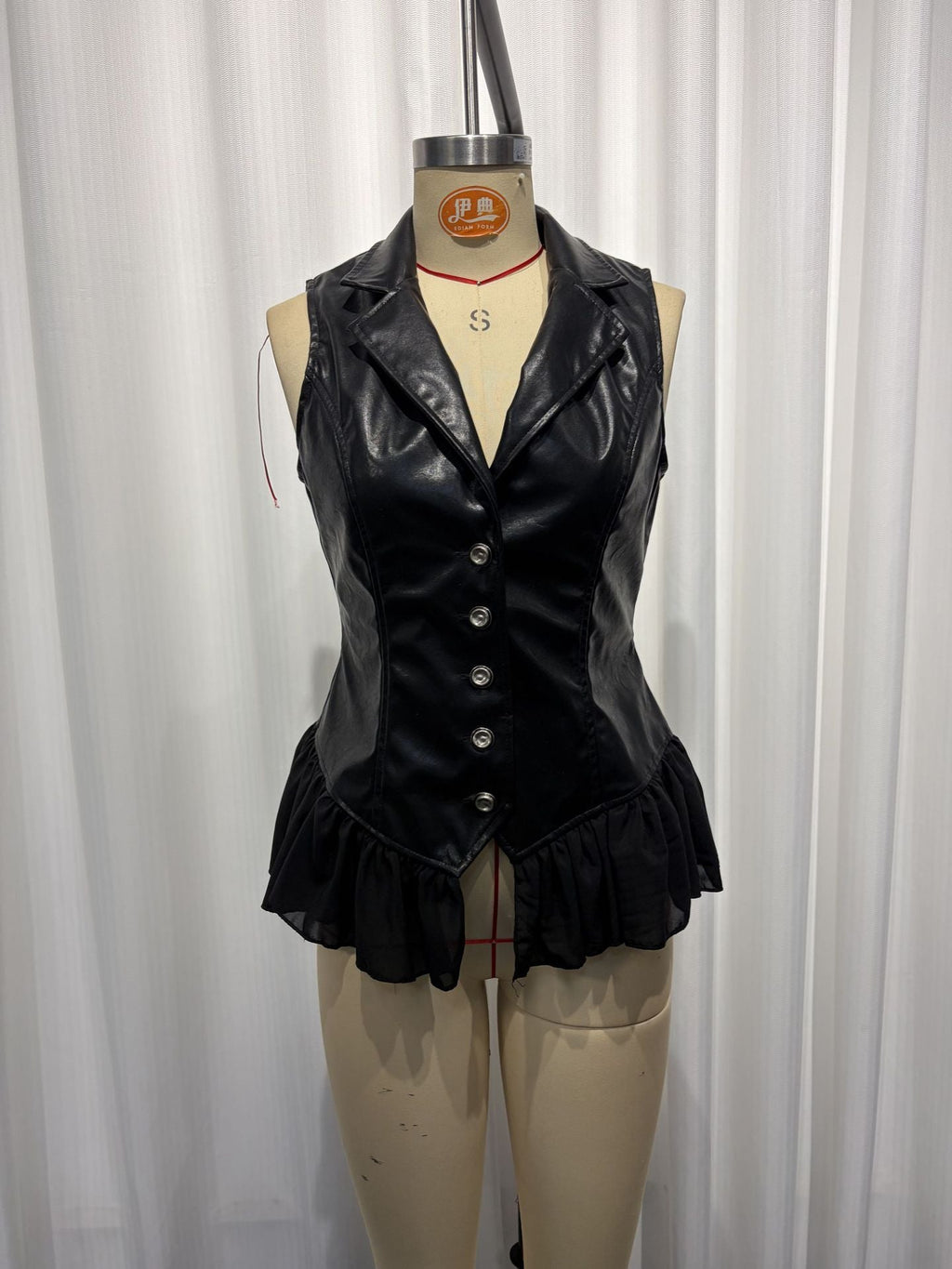 PU Leather Vest | Deep V Ruffle Hem Fitted Waist | Gothic Black
