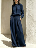 Women's Stand-Up Collar Puff Sleeve Blouse & Wide-Leg Pants Set
