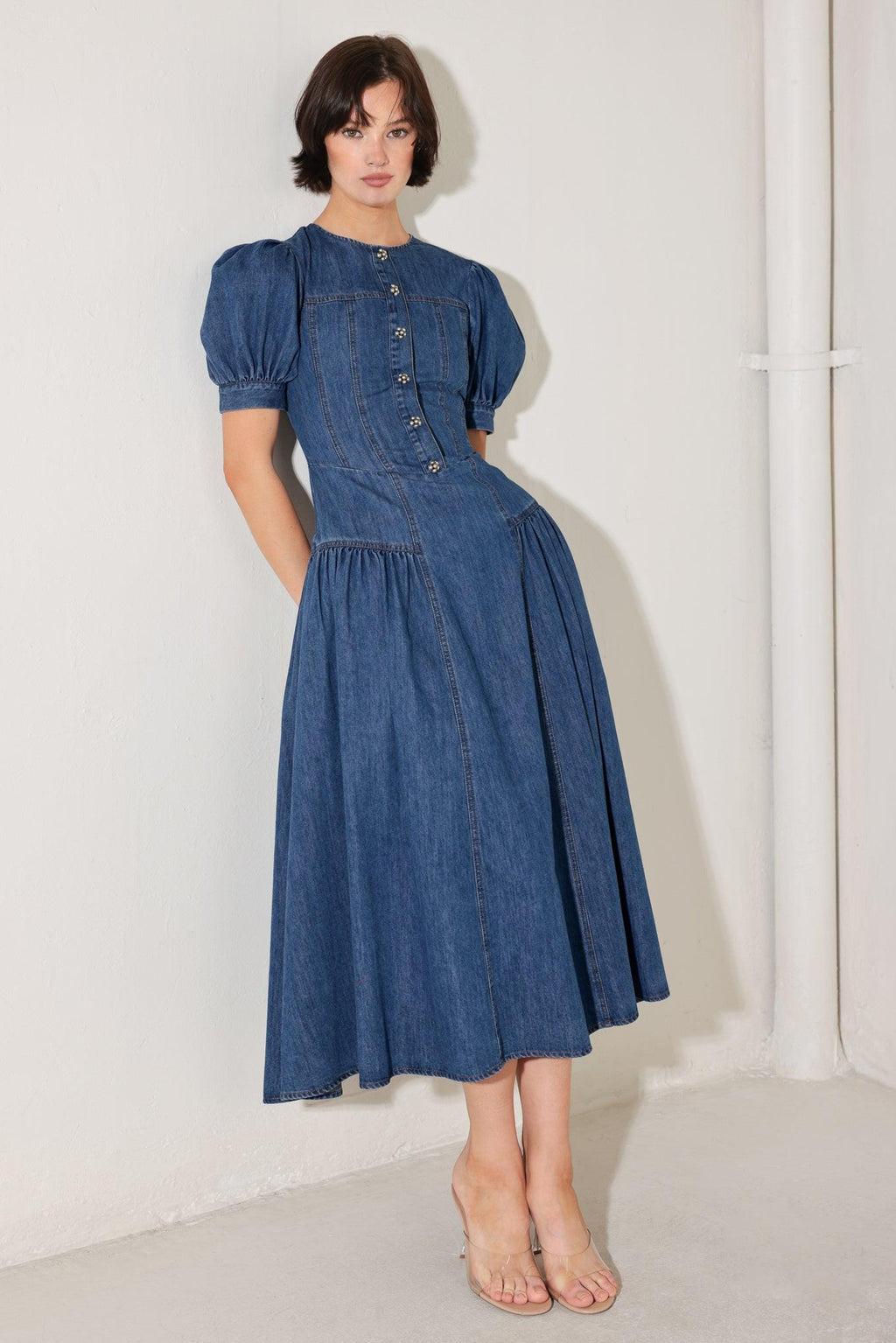 MIDDAY IN BLUE DENIM MIDI DRESS