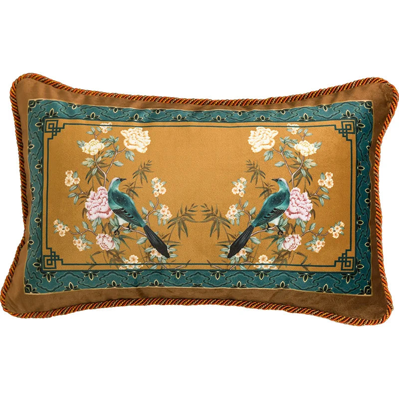 DecorBites™ Chinese Peony Flower & Bird Print Vermilion Pillow Cover