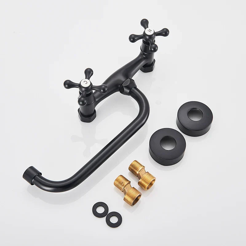 DecorBites™ Antique Brass Basin Faucet Wall Mounted Dual Handles Swivel Spout Mixer Tap