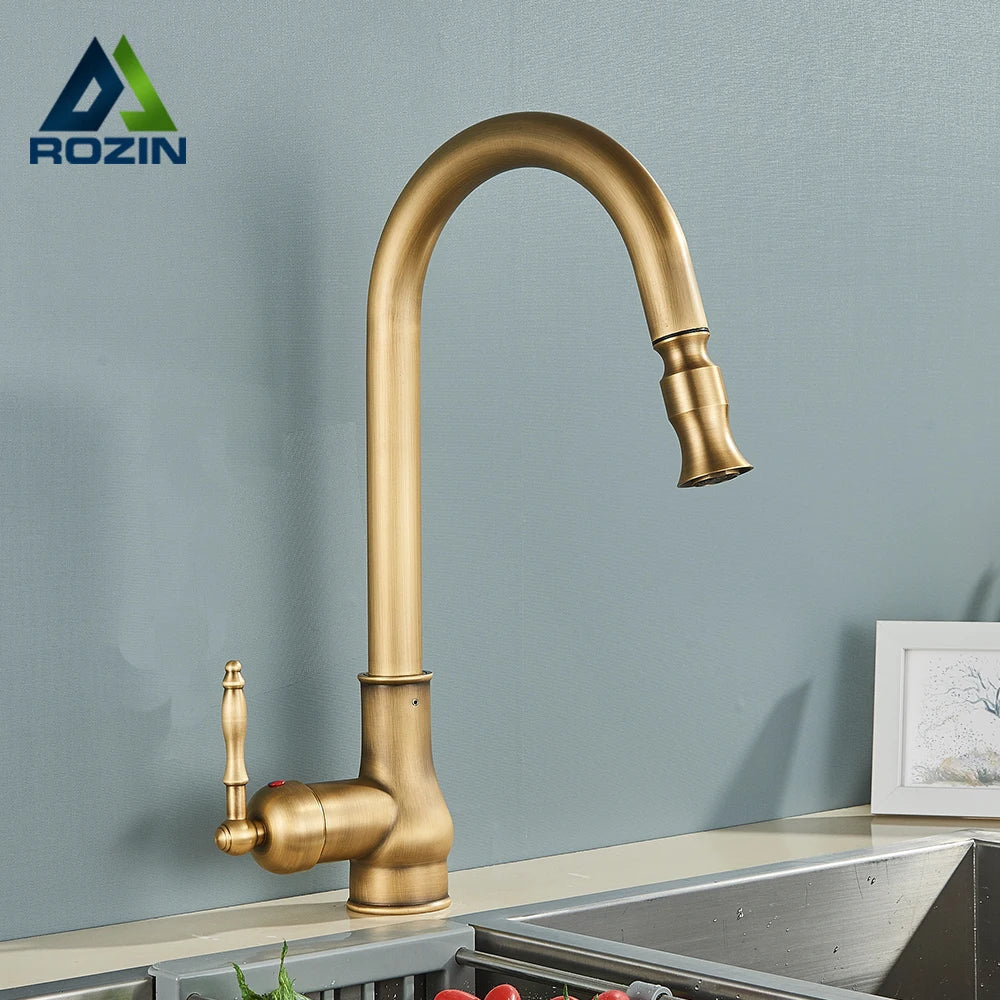 DecorBites™ Antique Brass Kitchen Faucet Pull Out Spout Black Swivel Mixer Tap