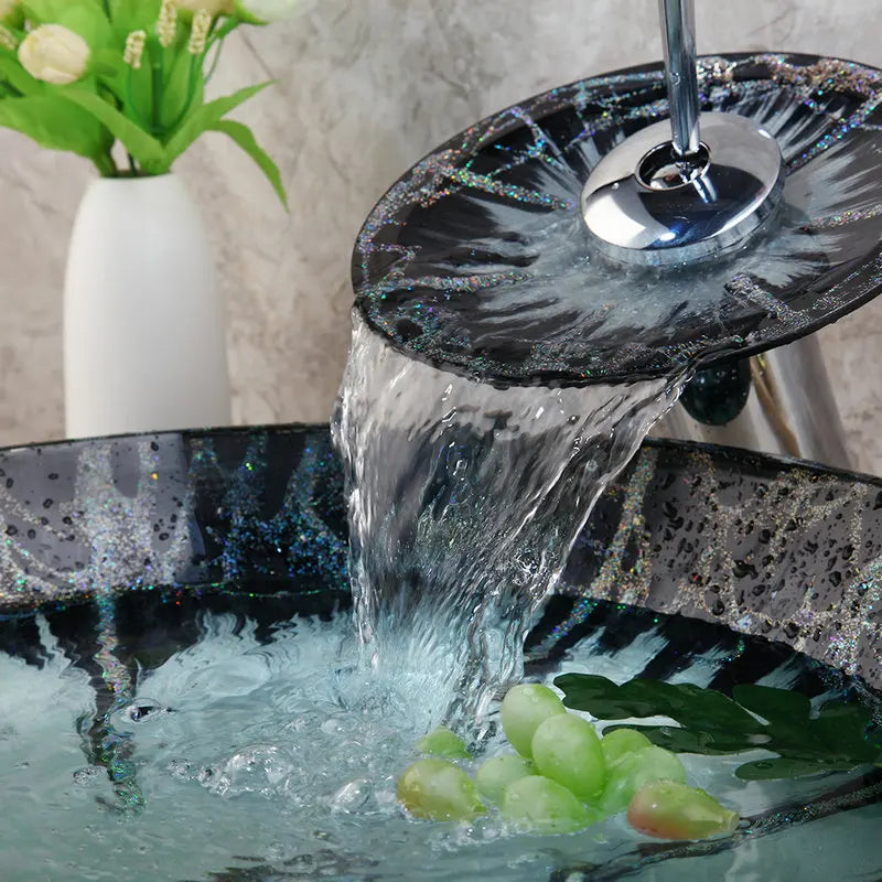 DecorBites™ Black Round Basin Tap Set Mixer Faucet Washbasin Tempered Glass Chrome