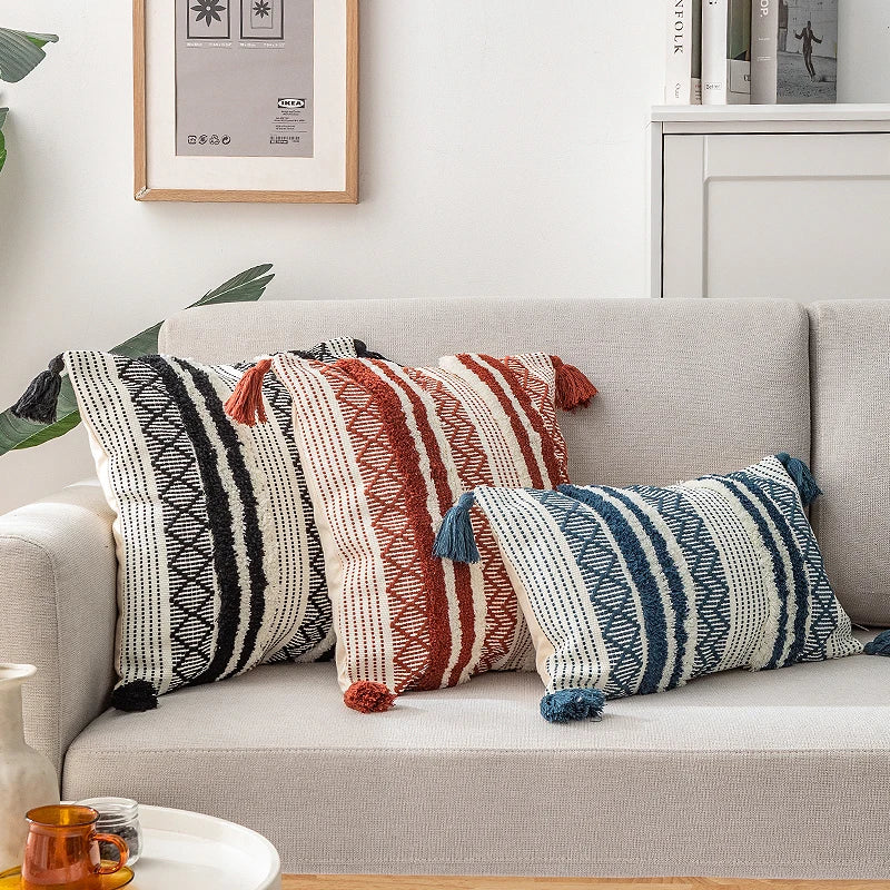 DecorBites™ Boho Jacquard Cushion Cover in Blue Yellow Black Woven for Home Decor