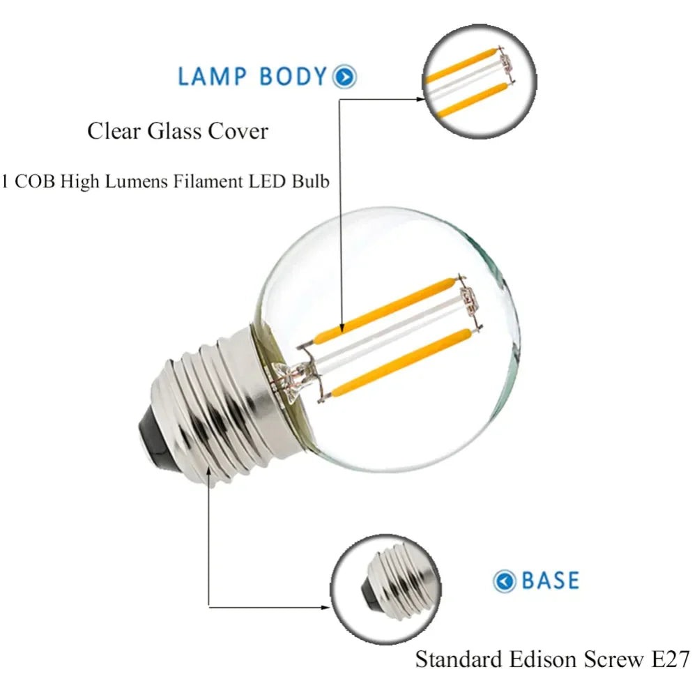DecorBites™ LED String Lights Retro Edison E27 Bulbs 2PCS G40 1W Warm White 2700K