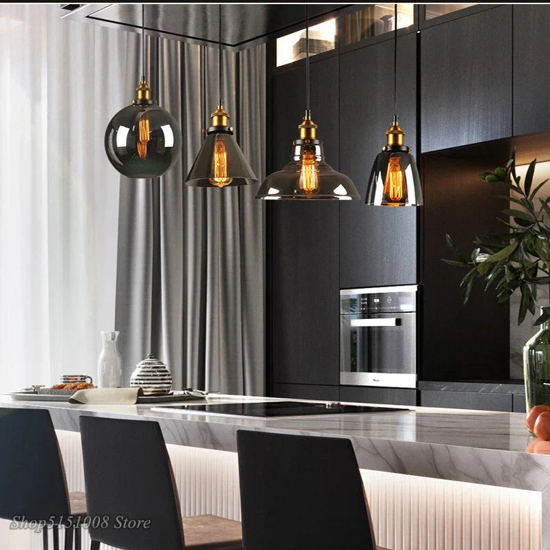 DecorBites™ Smoky Grey Glass Pendant Lamp: Nordic Hanging Light Fixture in Amber Glass
