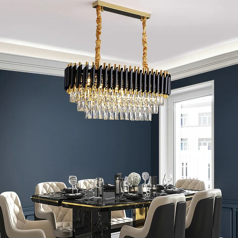 DecorBites™ Black Gold Metal LED Chandelier Living Room Dining Modern Lustre Crystal Hanging Lamp