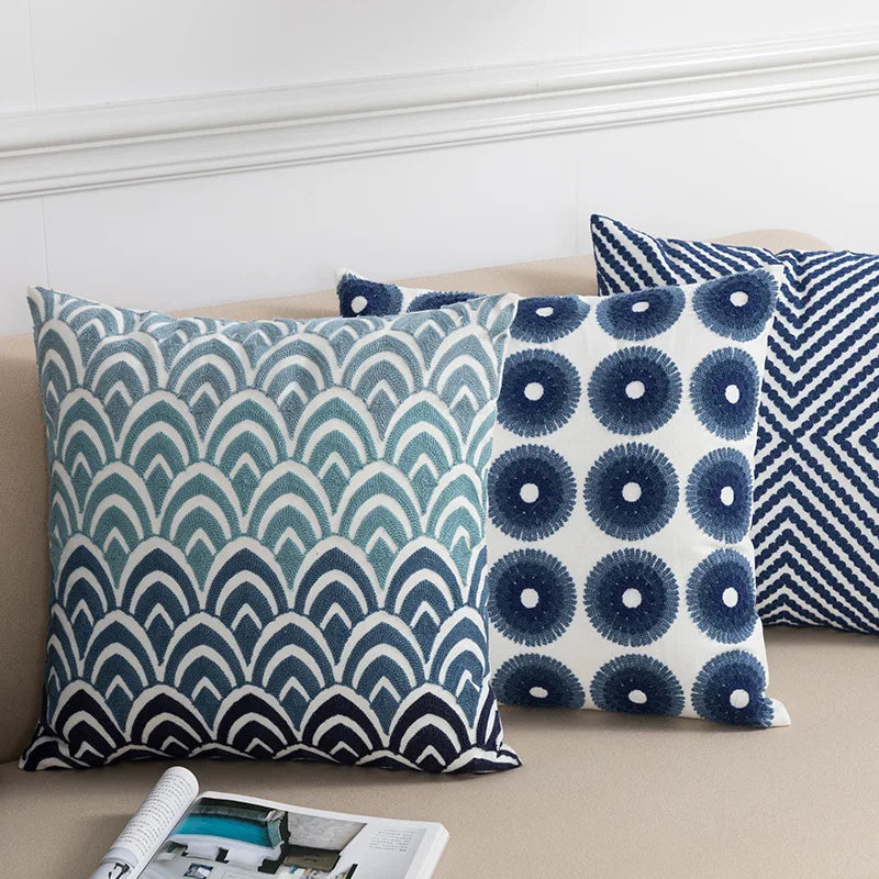 DecorBites™ Blue Floral Geometric Embroidery Cushion Cover 45x45cm for a Cozy Home