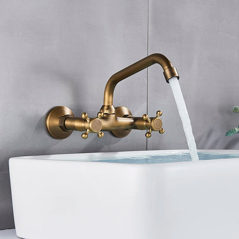 DecorBites™ Antique Brass Dual Handle Wall Mount Kitchen Faucet