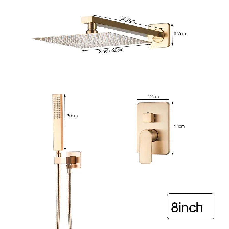 DecorBites™ Brushed Gold Ultra-Thin Rainfall Shower Faucet with Wall Mount 8’‘-16’‘ Head